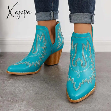Xajzpa - Western Ankle Cowgirl Boots Slip On Cutout Chunky Heel Booties Green / 5